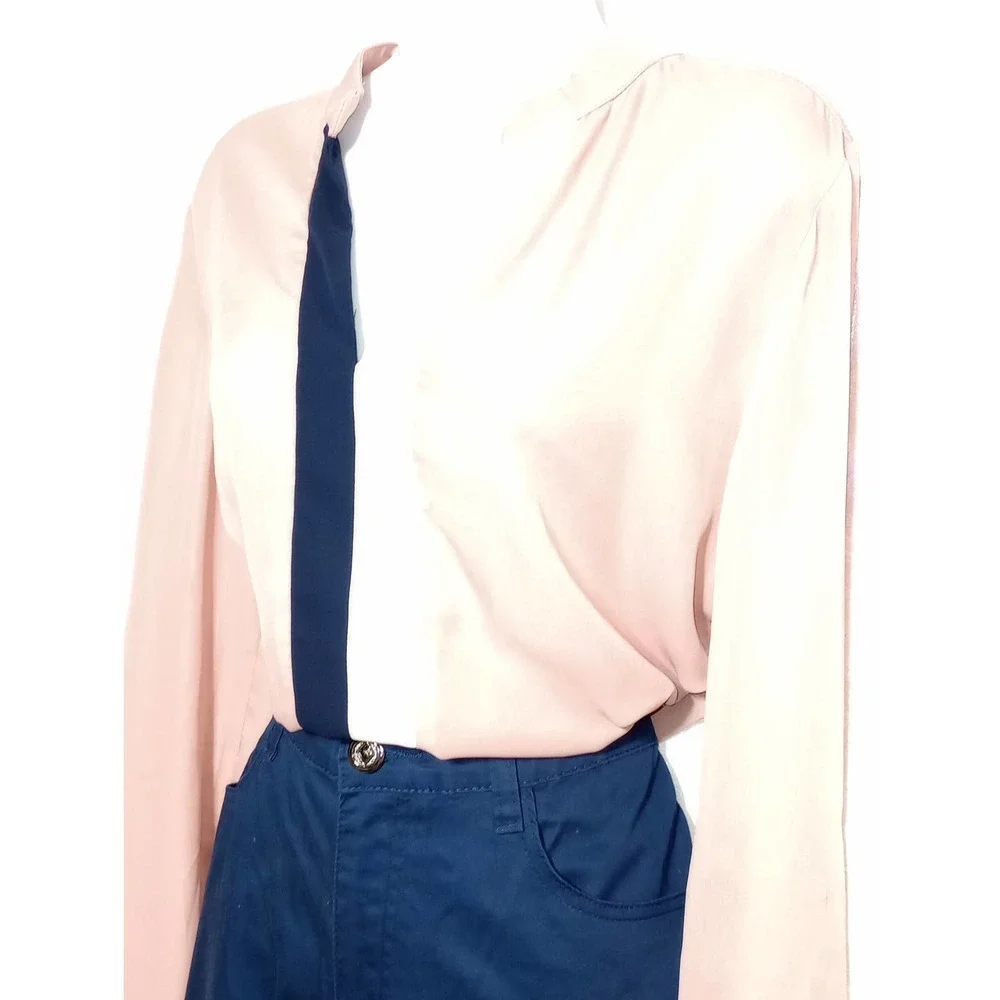 𝅺SWEET Rain Work BLOUSE Antique Rose Pink Navy Cream Top - Picture 5 of 8